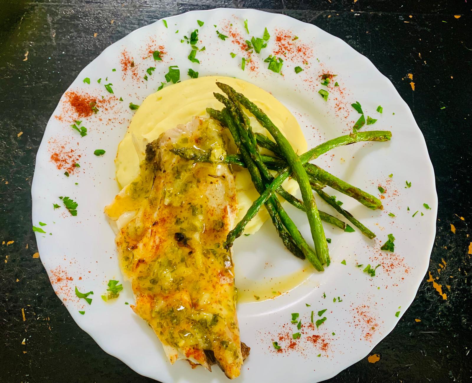 Baked Dorado in Butter Lemon Sauce with Mash and Garlic Asparagus